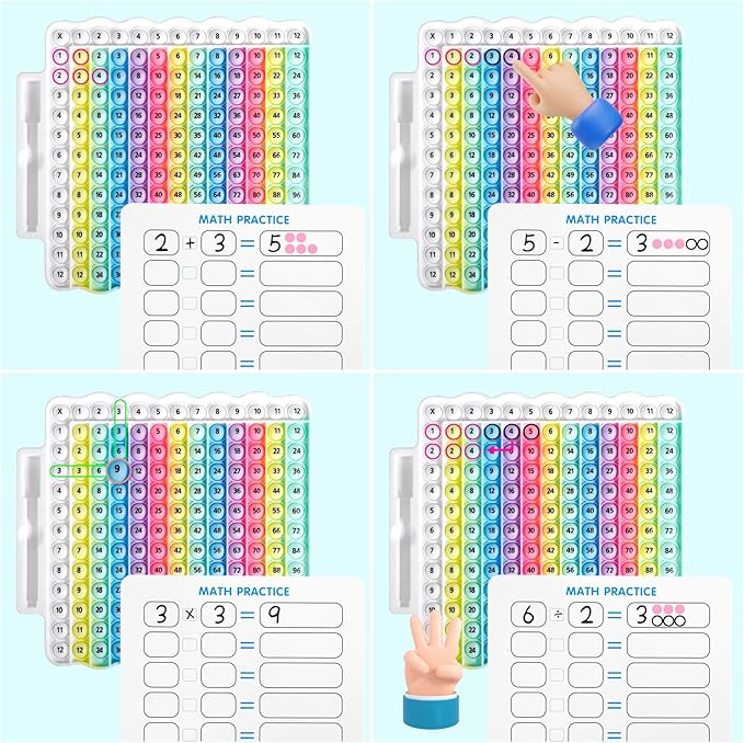 Multiplication Table Game pop Fidget Toys Educational Math Learning Board with Marker, Rainbow Colors, 12x12 Grid Multiplication Charts for Kids Multiplication Flash Cards