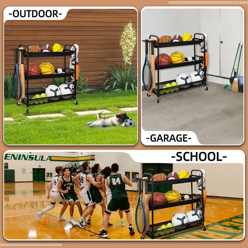 STORAGE MANIAC Basketball Rack 3-Shelf Training Stand with Wheels