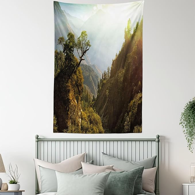 Ambesonne Landscape Tapestry Queen Size, Forest Nepal Himalaya Mountains Sunlight Majestic Scenery Nature Photo, Wall Hanging Bedspread Bed Cover Wall Decor, 88" X 88", Green Pale Yellow