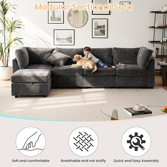 TEKAMON 96" Modular Sectional Sofa,Large Comfy Cloud 3-Seat Deep Seat, Reversible Chaise Modular Sectional Couches for Living Room and Apartmenr,Grey