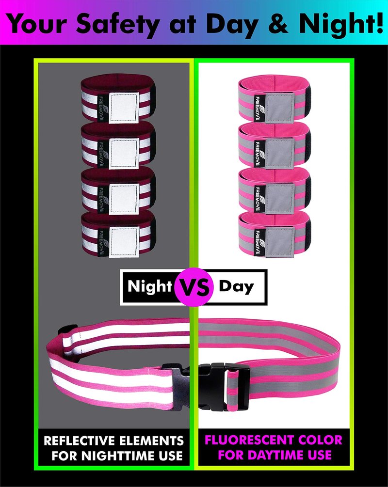 FREEMOVE Reflective Running Gear - a Pack with Adjustable Runners Waist Belt + 4 Arm/Wrist Bands for Men and Women - Stay Safe Day or Night When Dog Walking, Running, Cycling, Jogging, Biking, MTB