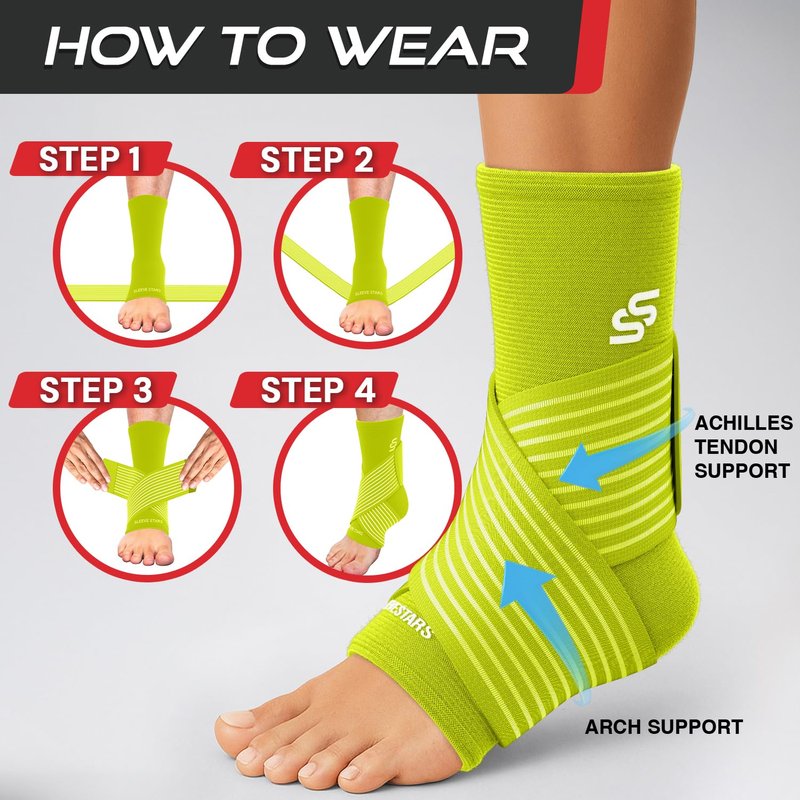 Sleeve Stars Ankle Brace for Women & Men, Ankle Wrap for Sprained Ankle, Compression Sleeve for Plantar Fasciitis Relief, Easy Customizable Support: w/ Removable Strap (Single/M:10"-12"/Neon Yellow Green)