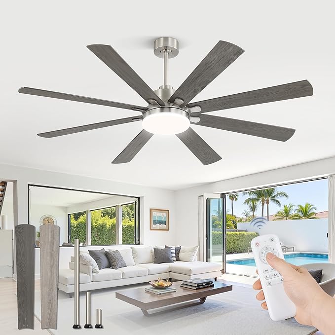 65 Inch Ceiling Fan with Light, Brushed Nickel Ceiling Fan with Large LED Panel, Quiet Reversible DC Motor, 6-Speeds, 3CCT, Indoor/Outdoor Ceiling Fans with Lights for Patio, Livingroom, Bedroom