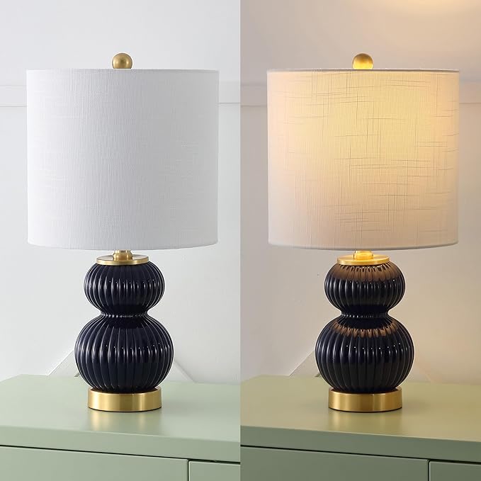 JONATHAN Y 20" Navy/Brass Gold Ribbed Gourd Glass Table Lamp, Modern Bedside Lamp for Bedroom Living Room, White Linen Drum Shade, LED Bulb Included (JYL1099D)