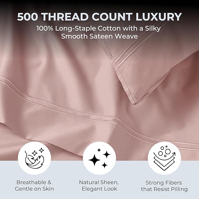 100% Natural Cotton Bed Sheets | 500 TC Single-Ply Sateen Weave Twin XL Sheets | Soft, Breathable, Hypoallergenic Solid 3-Piece Bedding with Deep Pocket Fitted, Flat, Pillowcase | Blush