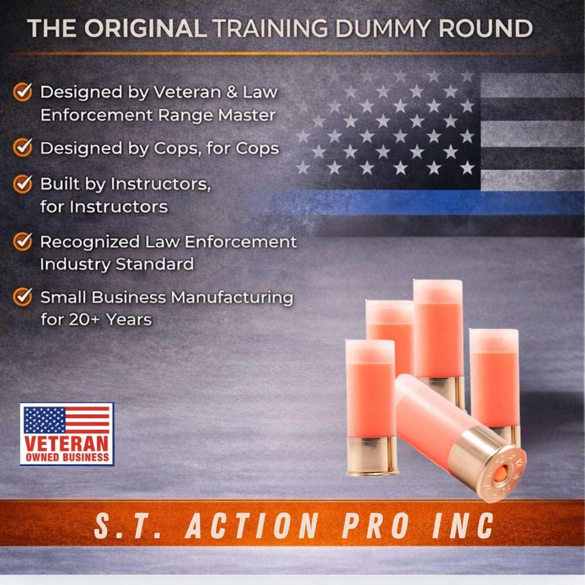 ST Action Pro 12 Gauge Snap Caps – 5 Pack Inert Training Dummy Rounds for Dry Fire, Reloading & Malfunction Drills – Brass Casing, Orange UV Insert – Veteran-Owned, Assesmbled in USA – Safe & Reusable