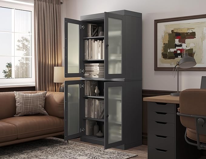 Palace Imports Solid Wood Bookcase - 6-Tier Floor Standing Bookshelf - 71.5" Tall Storage Shelf 32” W - Gray, Frosted Glass Doors for Living Room, Renewable 100% Eco-Friendly Wood, Made in Brazil