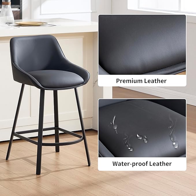26" Modern Bar Stools Set of 2, Faux Leather Upholstered Bar Stools, Counter Height Bar Chairs with Back for Kitchen, Dining Room, Cafe, Bar - Black