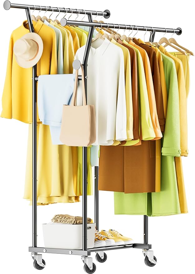 Double Rods Clothes Rack, Rolling Clothing Rack with Wheels, Metal Clothing Racks for Hanging Clothes, Portable Garment Rack Sturdy Closet Rack Trending Coat Rack for Laundry Bedroom Living Room
