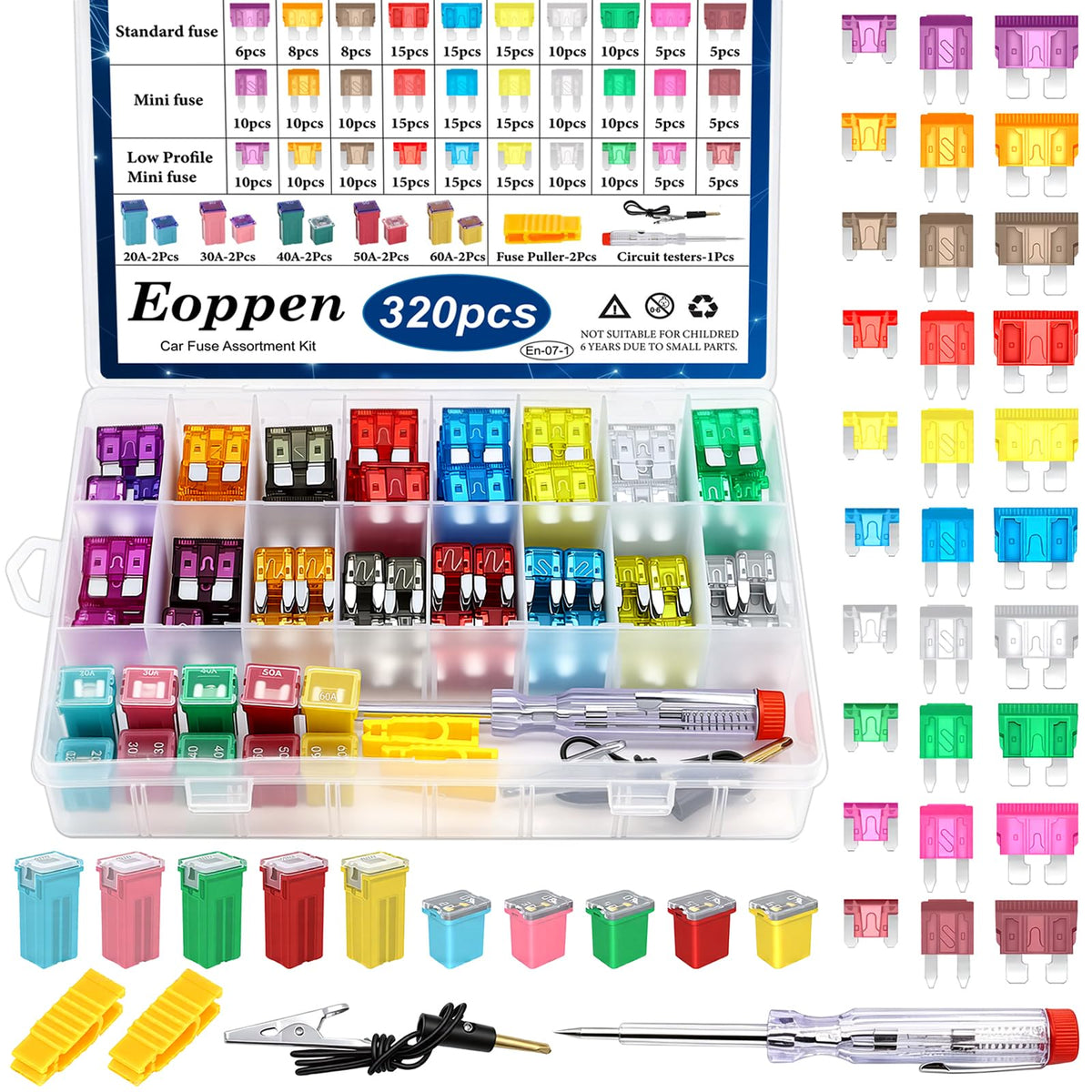 Eoppen 320Pcs Car Fuses Assortment Kit with Fuse Puller and Tester, Standard & Mini & Low Profile Mini Fuse Kit, Low and Tall/STD Profile Box Shaped Automotive Fuse