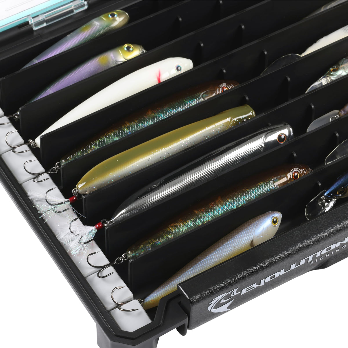 Evolution Fishing BallistiX Twitch Tackle Tray - Waterproof, Jerkbait & Topwater Tackle Storage Box, Anti-Corrosion, One Hand Latch, Clear Lid, Lure Box