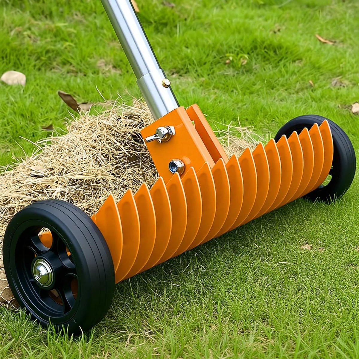 Thatch Rake for Lawn, 15-Inch Dethatcher Rake with Rolls Efficient Steel Metal Rake, Adjustable 0-15°, 38-68 Inch Handle, Heavy-Duty Thatching Rakes for Cleaning Dead Grass, Yard Garden Care