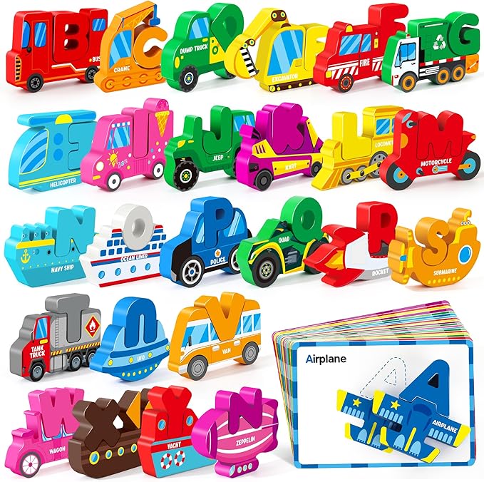 Vanmor Wooden Vehicle Alphabet Puzzle for Toddlers, Traffic ABC Letter Sight Words Matching Game with 52 Blocks and Flash Cards, Montessori Spelling Game Learning Toys, Easter Basket Stuffers for Kids