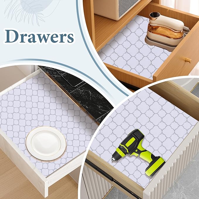 Shelf Drawer Liners for Kitchen Cabinets Non Adhesive Drawer Liner Thickened Refrigerator Liner Silver Quatrefoil Strong Non-Slip Paper for Tool Box with Knife and Tape Measure,23.6 x 354.3 Inches