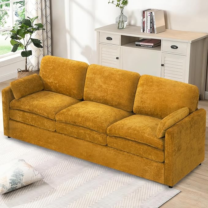 89" Chenille Modern Couch with Cozy & Soft Backrests, 3 Seats Sofa with 2 Extra Pillows, Comfy Upholstered Sofa with Thicker Cushions for Living Room, Office,Yellow