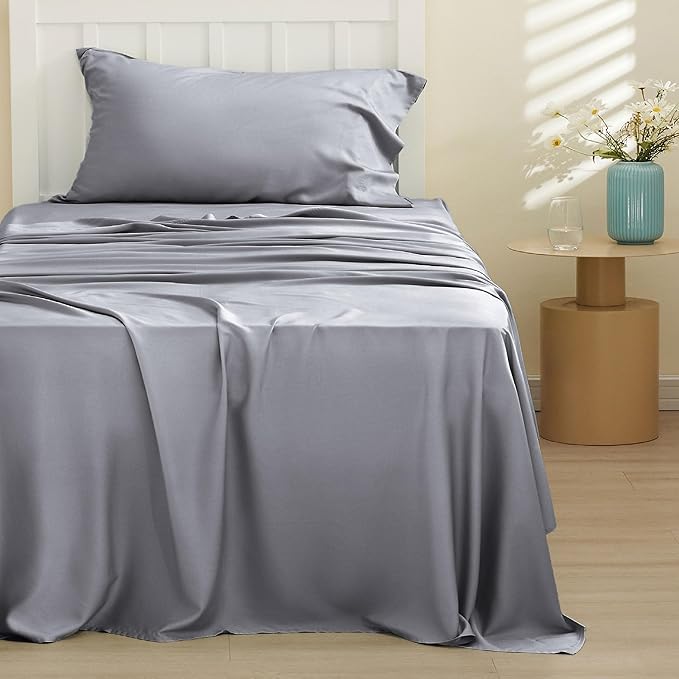 Bedsure Cooling Sheets Twin, Rayon Derived from Bamboo, Cooling Sheets, Breathable & Soft, Deep Pocket Up to 16 Inches, Hotel Luxury Silky Bedding for Hot Sleepers, Silver Grey