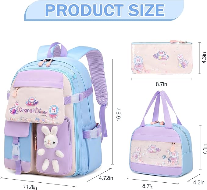 Girls Backpack Set, 3PCS Kids Backpacks for Girl, Cute Bunny School Backpack for Girls Kids Teen Kindergarten Elementary Preschool Middle School Bags with Lunch Box Pencil Case Blue