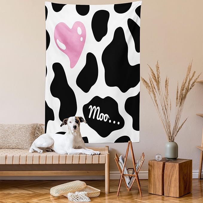 Ambesonne Cow Print Tapestry Queen Size, Camouflage Hide Skin Pattern in Pastel Color Shades Heart Shape Moo, Wall Hanging Bedspread Bed Cover Wall Decor, Queen Size, Pink Black White