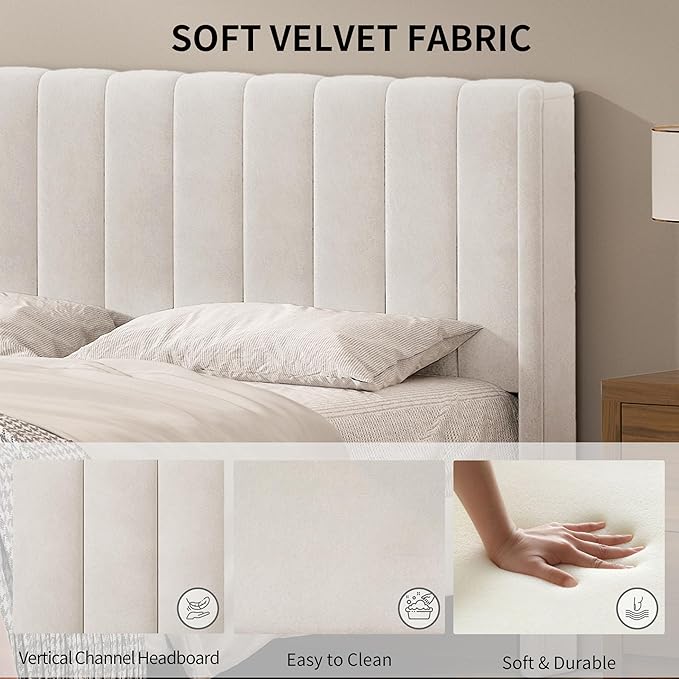 King Size Upholstered Platform Bed Frame with Modern Wingback & Vertical Panel Headboard, Velvet Fabric, Wooden Legs & Slats Support, No Box Spring Needed, Noise-Free & Easy Assembly, Cream