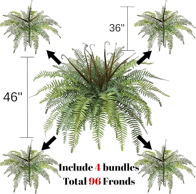 Polyester Artificial Boston Fern Bush,Set of 4,Fake Fern Hanging Plants UV Resistant That Look Real for Outdoors and Home Decor. (36" 4Pcs-Bottle Green)