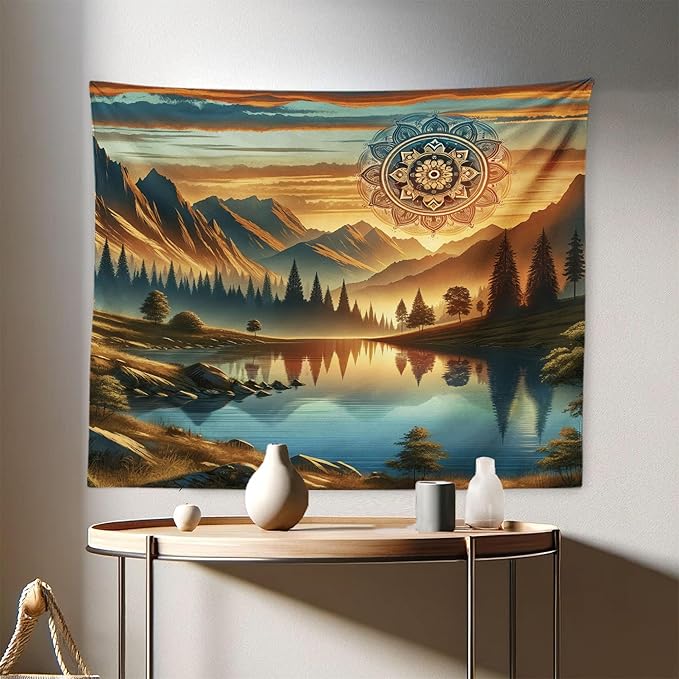 Ambesonne Mountain Tapestry, Laky Scenic Mounts and Woods Oriental Dream Aura Mandala Flower Boho, Fabric Wall Hanging Decor for Bedroom Living Room Dorm, 28" X 23", Pale Vermilion Sea Blue