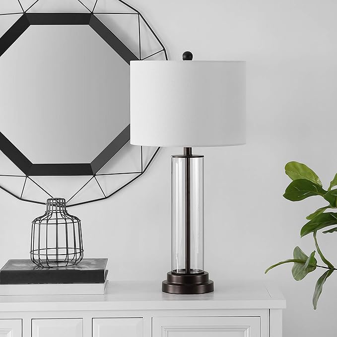 SAFAVIEH Lighting Collection Cassian Modern Contemporary Farmhouse Clear Glass 26-inch Bedroom Living Room Home Office Desk Nightstand Table Lamp (LED Bulb Included)