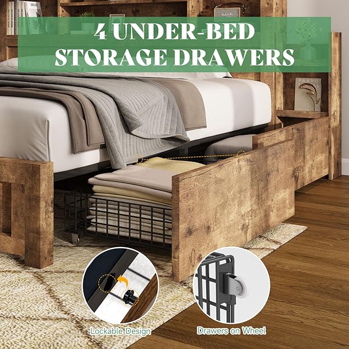 AMERLIFE Queen Bed Frame with 4 Storage Drawers, Wood Bed Frame with 49.6" Tall Bookcase Headboard, LED Platform Bed with Charging Station & 2 Slide Bedside Shelf, No Box Spring Needed/Rustic Brown