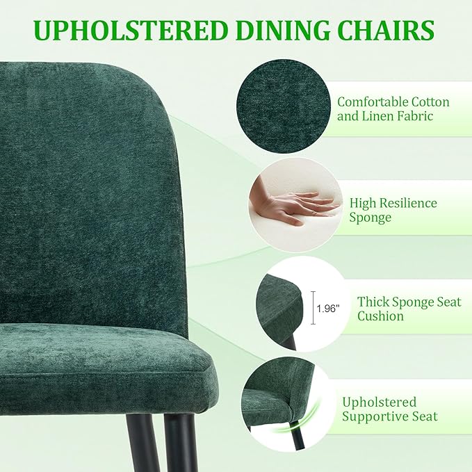 Upholstered Dining Chairs Set of 4, Mid Century Modern Fabric Dining Room Chair High-Back Padded Kitchen Chairs with Padded Seat and Metal Legs for Kitchen Dining Room Restaurant Cafe, Green