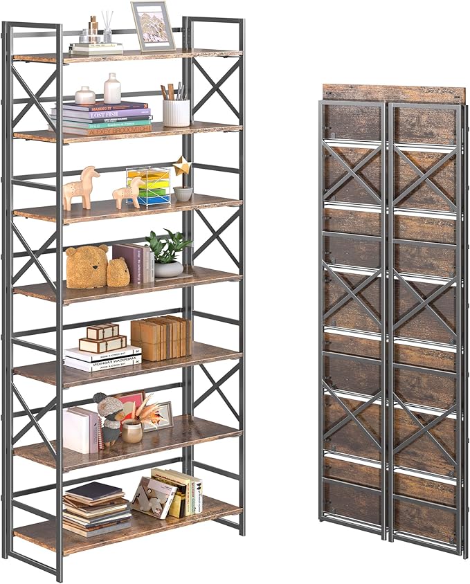 4NM 7 Tiers No Assembly Book Shelves, 72.4" H Folding Bookshelf Bookcase Open Industrial Foldable Shelves for Bedroom, Living Room, Home Office - Rustic Brown Black