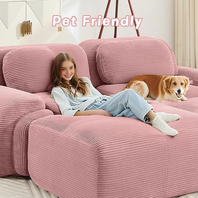 80" Modern Compressed Boneless Love Seat Couches with 1 Ottoman, 2 Seater Large Sectional Couches for Living Room, Pink Corduroy Cloud Modular Sectional Sofa, Memory Foam, Deep Loveseat, No Assembly