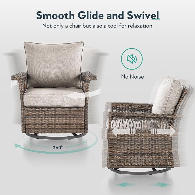 5 Pieces Wicker Patio Furniture Set - Hollow Widen Armrest Outdoor Swivel Glider Chairs with Side Table & Ottomans, Small Patio Conversation Set for Balcony Porch Deck and Yard - Brown/Beige