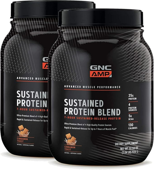 GNC AMP Sustained Protein Blend | Targeted Muscle Building and Exercise Formula | 4 Protein Sources with Rapid & Sustained Release | Gluten Free | Cinnamon Toast | 56 Servings