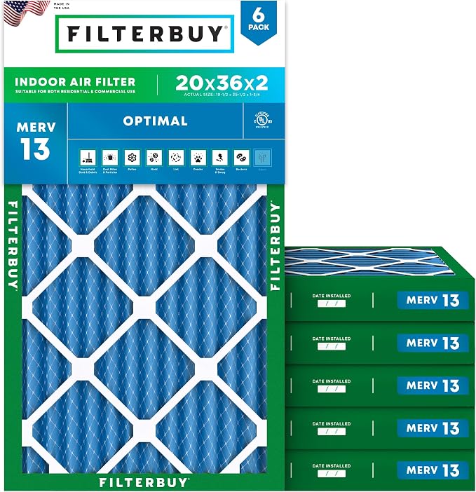 Filterbuy 20x36x2 Air Filter MERV 13 Optimal Smoke & Allergy Defense,