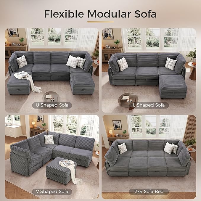KKL Modular Sectional Sofa V-Shaped 6 Seater Couch with Storage Ottoman, Convertible L/J-Shaped Couch and Sofa Bed Plush Wide-Wale Corduroy for Living Room, Apartment, Modern Design, Gray