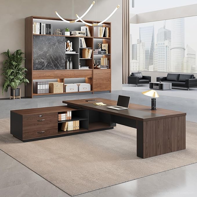 L-Shaped Executive Desk with LED Lights, Lockable Storage & 3-in-1 Charging Station, Reversible Cabinet, Modern Wood Office Desk for CEO, Manager & Home Office(Red Walnut+Black, 79"L*63"W*30"H)