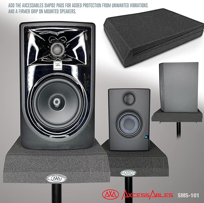 AxcessAbles Studio Monitor Speaker Stands Pair. 80lb Capacity per Stand. Adjustable Height 26" - 42". Metal Constructed Stands Ideal for Surround Sound, Bookshelf and Monitoring Speakers
