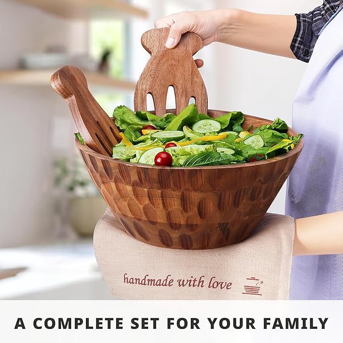 Wooden Salad Bowl set - with Serving Utensils — 11" Large Acacia Wood Bowls For Food, Fruit | Mixing Pasta — Easy To Clean — For Hosting, Kitchen Decor, Gifts — With Placemat