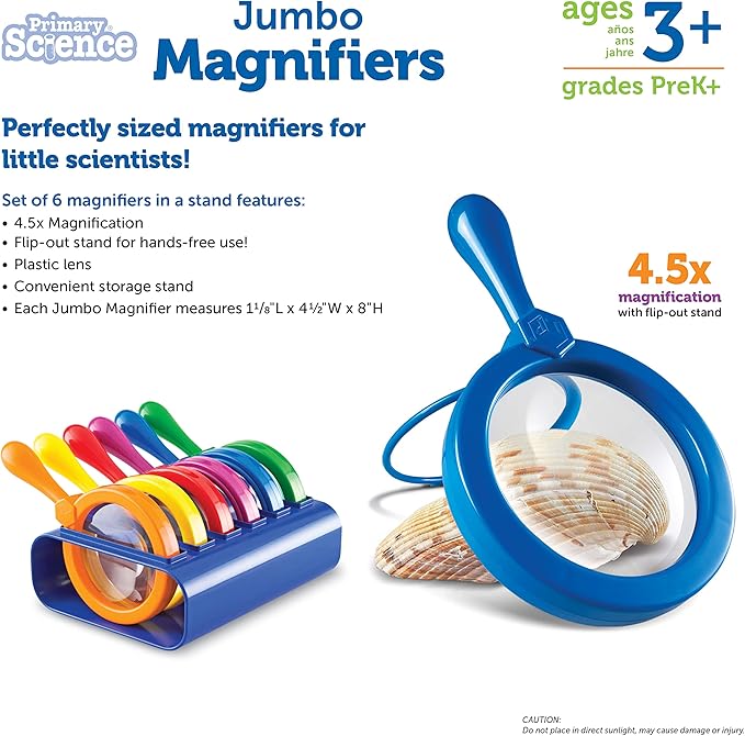 Learning Resources Primary Science Jumbo Magnifiers with Stand - 6 Pieces, Ages 3+, Science Classroom Accessories, Teacher Supplies, Observation Toys for Kids, Back to School Supplies