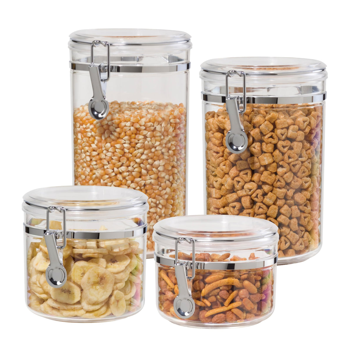 Oggi 4pc Clear Canister Set with Clamp Lids & Spoons - Airtight Food Storage Containers, Ideal for Kitchen & Pantry Storage of Bulk, Dry Food Including Flour, Sugar, Coffee, Rice, Tea, Spices & Herbs