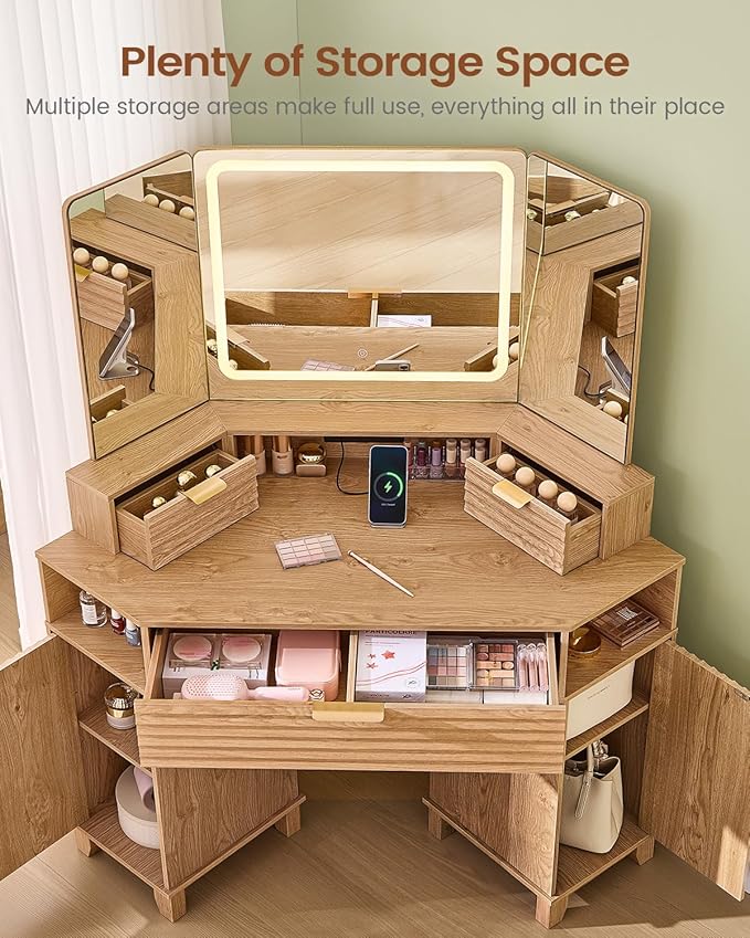 AOGLLATI Large Fluted Corner Vanity Desk with HD Triple Mirror and Lights, Makeup Vanity Desk with 3 Drawers & 3 Cabinets, Modern Dressing Table with Charging Station for Bedroom, Wood