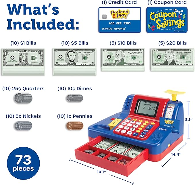 Learning Resources Pretend & Play Teaching Cash Register - Math Games, Shopping Grocery Store Playset, Fine Motor Skills, Gifts For Boys and Girls