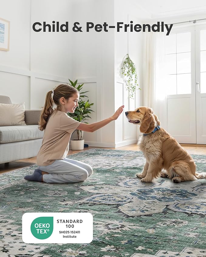 AMADA HOMEFURNISHING 8x10 Area Rug, Washable Low-Profile Large Area Rug with Non-Slip Backing & Durable Edge Binding, Vintage Large Rugs for Living Room, Bedroom
