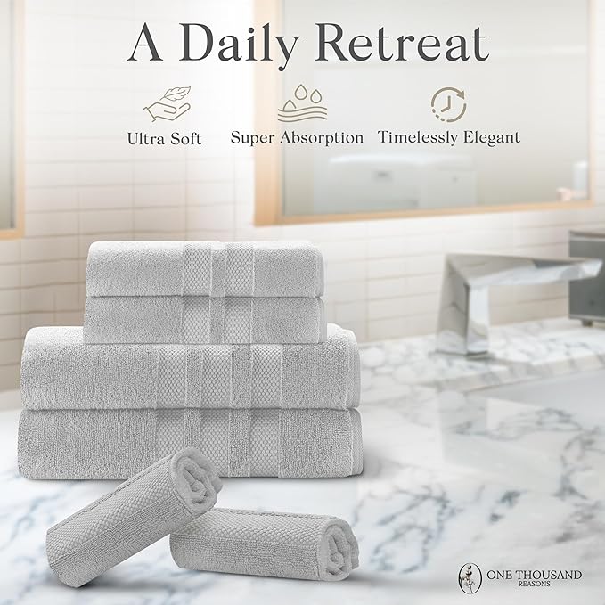 Zero Twist Bathroom Towel Set - Luxury Bath Towel Sets for Bathroom, Hands, and Washcloths - Quick Dry and Absorbent - 6 Pieces, 3 Stripe, Stone