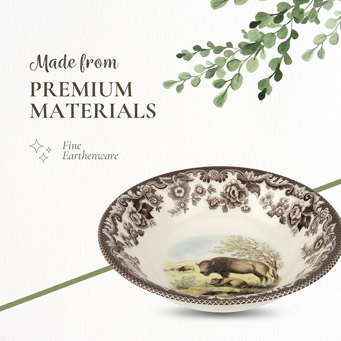 Spode Woodland American Wildlife Ascot Cereal Bowl - Bison Design, Fine Earthenware 8 Inch Bowl for Cereal, Salad, Ice Cream - Dishwasher, Microwave, Oven, Freezer Safe, Made in England