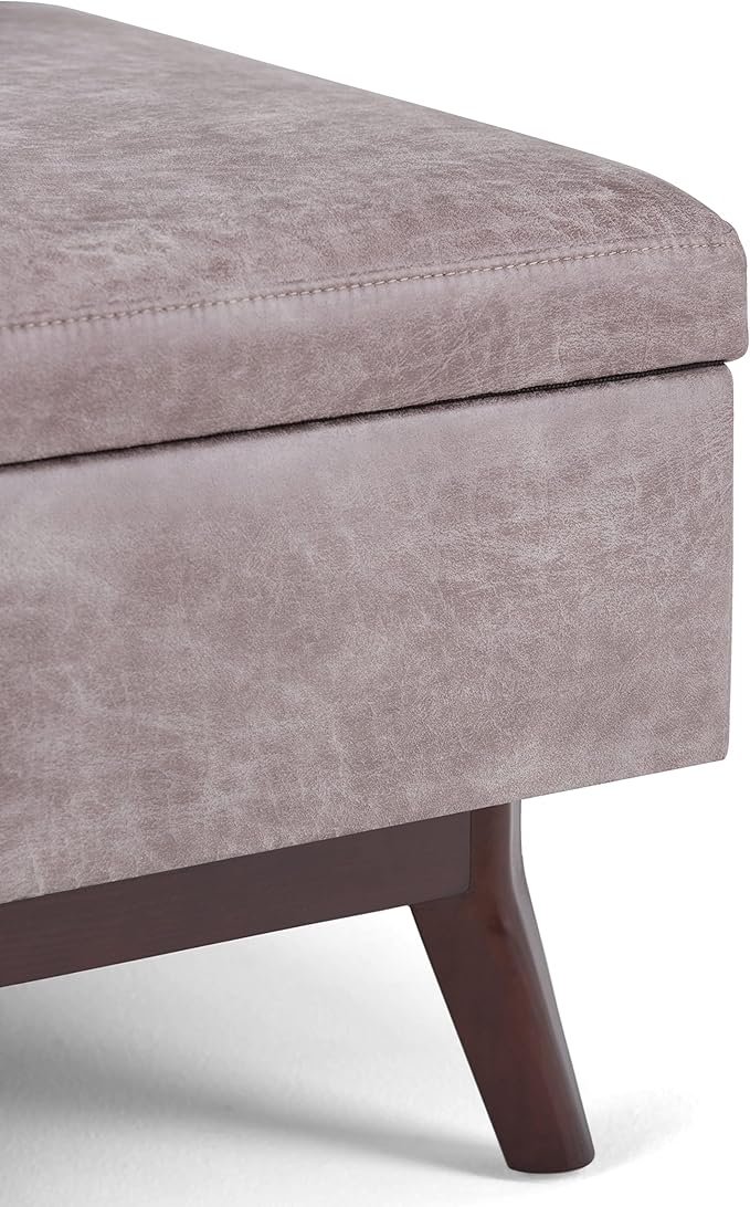 SIMPLIHOME Owen Coffee Table Storage Ottoman - 34 inch Wide Upholstered Vegan Leather Rectangular Lift-Top Ottoman in Distressed Grey Taupe, Mid-Century Modern Bench for Living Room with Tapered Legs