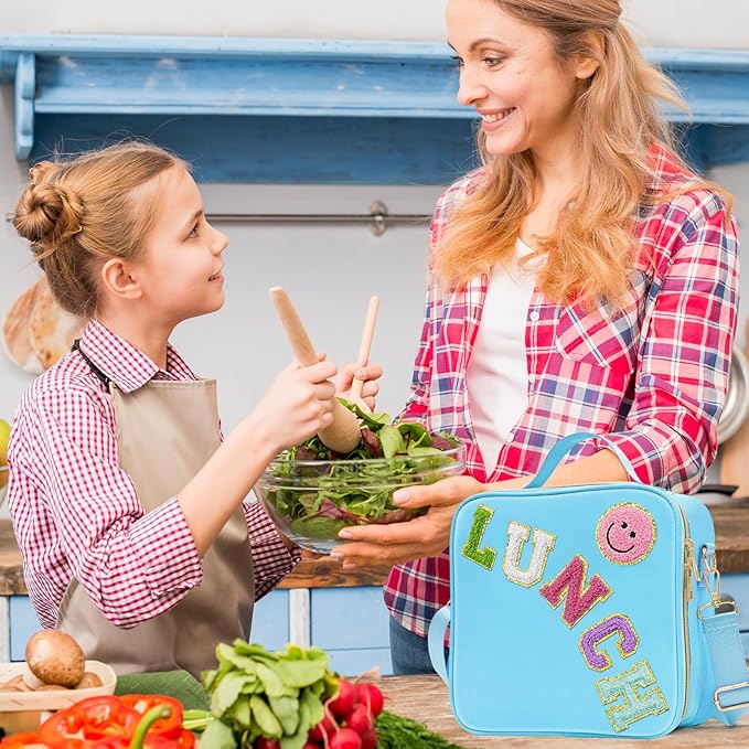Insulated Lunch Bag Women Lunch Box Kids for Teen Girls Boys, Cute Preppy Lunch Boxes With Adjustable Shoulder Strap, Waterproof Nylon Lunchbox Lunch Bags for School Work Picnic (Blue)