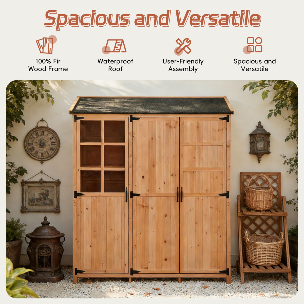 Outdoor Garden Shed with Waterproof Roof and Workstation, Outdoor Storage Cabinet with 7 Storage Shelves, 2 Drawers and 6 Hooks, Natural