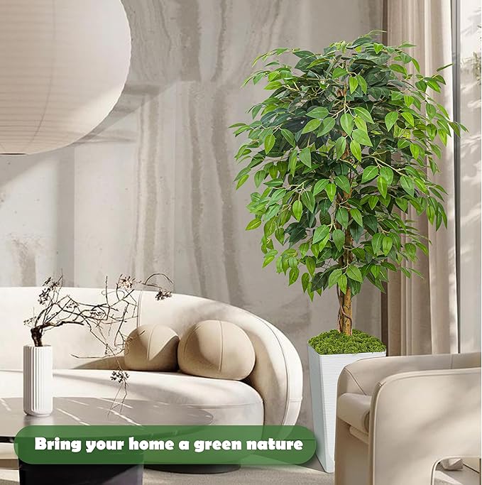 Artificial Ficus Tree 5FT Faux Floor Tree with Planter UV Resistant Potted Fake Silk Plant - Faux Trees Indoor Outdoor Lifelike Fake Ficus Tree for Home, Living Room Bedroom Topiary Tree