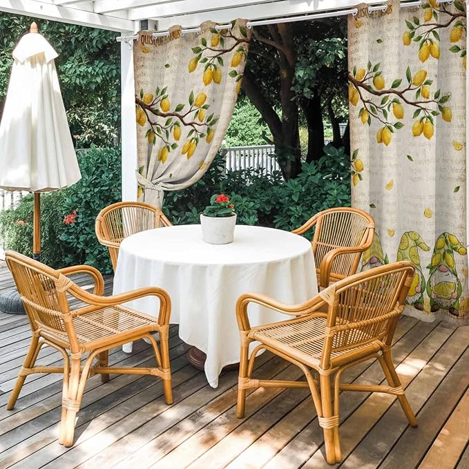 Summer Gnome Outdoor Curtains for Patio Gnome Lemon Leaf Vintage Waterproof