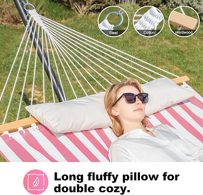 Waterproof Double Hammock with Stand for Outside Heavy Duty, 2 Person 55'' Large Quick Dry Textilene Hammocks with Hardwood Spreader Bar, Pillow, Side Pocket, 475lbs Capacity (Pink & White)